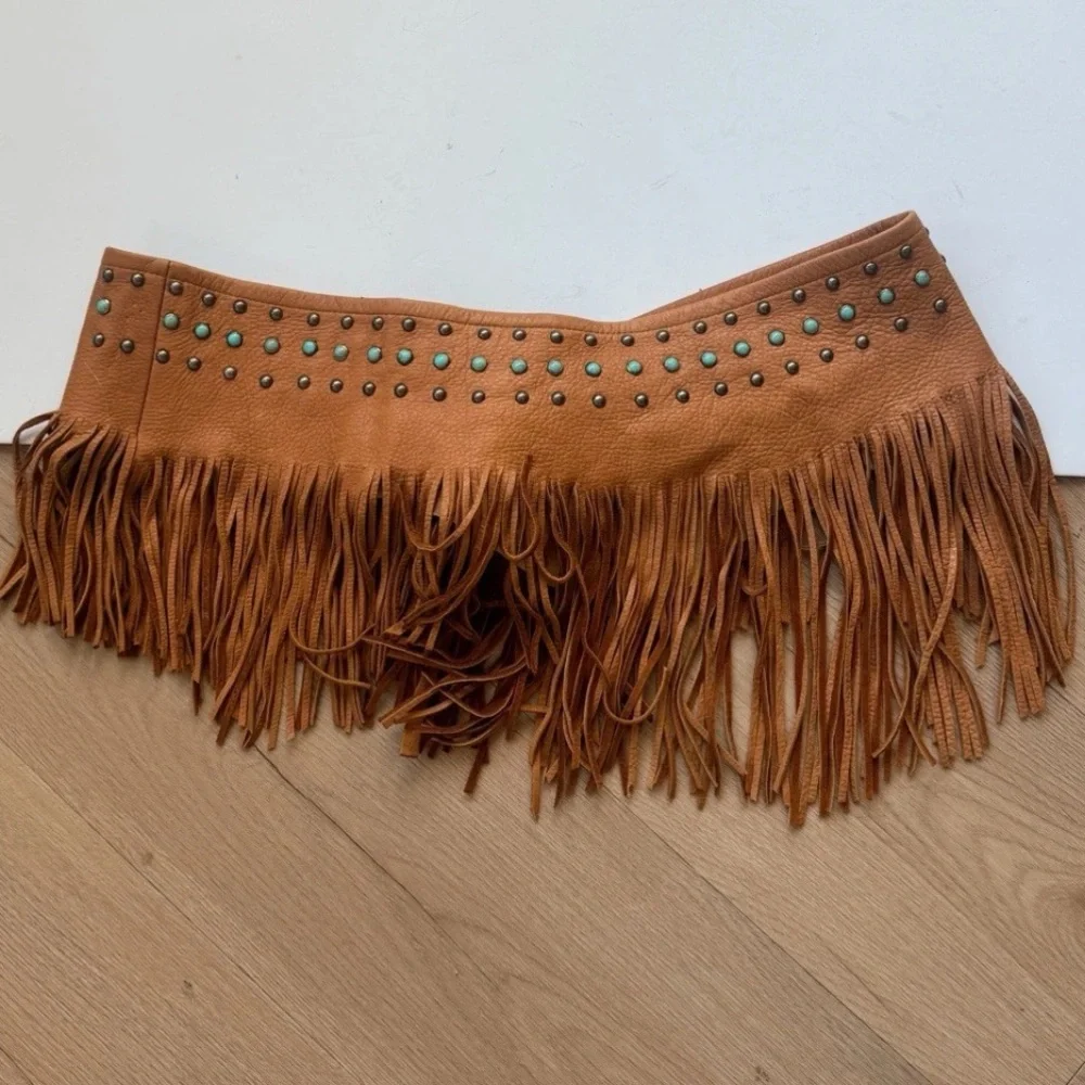 Tan Fringe Leather Waist Belt with Turquoise Accent